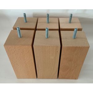 Set van 6 houten meubelpoten Natuurkleur beuken 16 cm hoogte 7x7 cm met M8 draadeinde Boxspring bedden banken