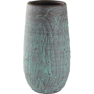 Hoge bloempot/plantenpot vaas van keramiek in de kleur antiek brons/groen met diameter 17 cm en hoogte 37 cm