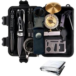 Professionele XL Ultimate Outdoor Survival Gear Kit - Noodpakket - 18-Delig Tools Pakket Met Kompas/Nooddeken/Tactical Flashlight/Zakmes/Vuurmaker/Draadzaag/Noodfluit/Waterfles Houder/Tactische Pen/Multitool Creditcard - Opbergbox