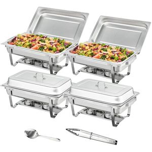 Chafing Dish - Warmhoudplaat - Buffetwarmer Set - Rechaud - Rechthoekige RVS Warmhoudschalen - 4 Stuks - 8QT - met Opvouwbaar Onderstel en Brandstofhouders - Zilver