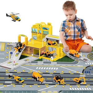 Allecto Plus - City Construction Station met graafmachine helikopter vorkheftruck betonmixer vrachtwagen bouwplaats speelgoed voor kinderen - Jongens Meisjes 4 5 6 7 jaar