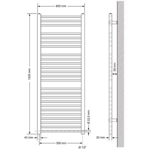 Elektrische badkamerradiator met verwarmingselement 900W 600x1500 mm chroom recht met zijaansluiting LuxeBath