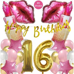 Snoes Mega Beauty Helium Ballonnen Set 16 Jaar - Roze Helium Folieballonnen - Slinger Happy Birthday Goud