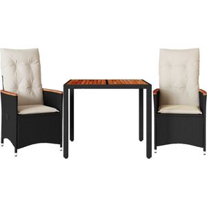 vidaXL - 3-delige - Bistroset - met - kussens - poly - rattan - zwart