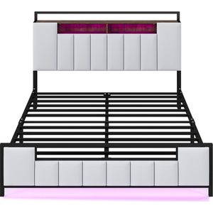 Merax Queensize Bed 160x200 cm met LED-Verlichting en USB Aansluiting - Kunstleer Gestoffeerd Tweepersoonsbed met Opbergruimte in Hoofdbord - Wit