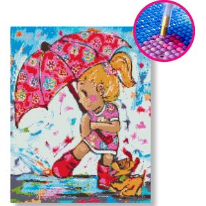 Spelen in de regen | Diamond painting | 40x50cm | Vierkante steentjes | Los canvas | Vrolijk Schilderij | Corrie Leushuis