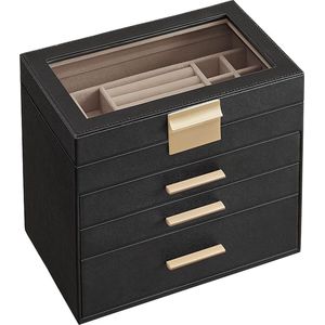 Sieradendoosje met glazen deksel, 4-laags sieradenorganizer, 3 laden, Juwelenkistje, Sieradenkistje, voor zonnebrillen, grote sieraden, sieradenopslag, moderne stijl - grafietzwart en goudkleur - JBC161B02