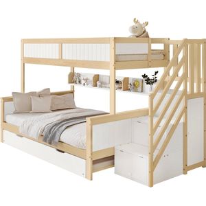 Merax Stapelbed voor Kinderen - Eenpersoonsbed met Valbescherming - Tweepersoonsbed met Extra Uittrekbaar Bed en Opbergruimte - Wit & Natuurlijk Hout Bruin - 90x200cm en 120x200cm