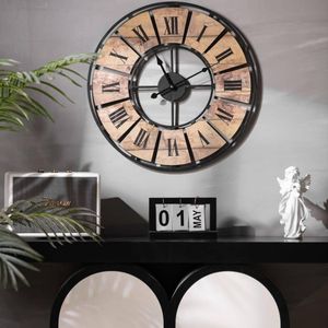 K&L Wall Art grote vintage wandklok woonkamer metalen klok pallet hout wandklokken zonder tikkend geluid modern XL Romeinse cijfers (metaal houtlook, Ø 50 cm antiek hout)