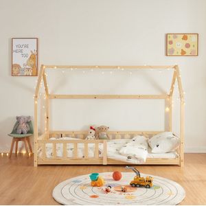 Kinderbed Hesel huisbed met matras en uitvalbeveiliging 90x200 cm houtkleurig [en.casa] [neu.haus]