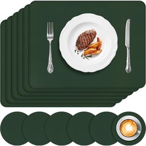 Placemats en onderzettersets van 6, PU-leer tafelmatten antislip wasbaar, hittebestendige keukenmatten voor thuisrestaurant (groen)