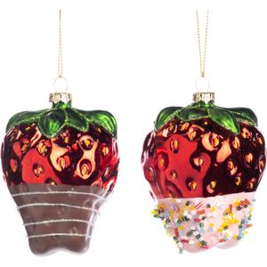 CHOCOLADE-DIP-GESPIKKELDE-AARDBEI-GLAS-SET VAN 2-4CM-VOORDEELAANBOD-KERST-KERSTHANGER-ORNAMENT