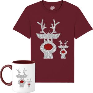 Rendier Buddies - Foute Kersttrui Kerstcadeau - Dames / Heren / Unisex Kleding - Grappige Kerst Outfit - Glitter Look - T-Shirt met mok - Unisex - Burgundy - Maat L