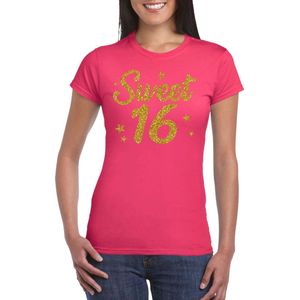 Sweet 16 goud glitter cadeau t-shirt roze dames - dames shirt 16 jaar - verjaardag kleding XL