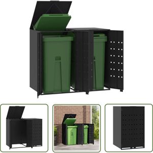 The Living Store Containerberging voor 2 containers 138x79x117 cm staal zwart - Containerbergingsysteem - Afvalbakopslag - Tuinkast - Buitenschrijnwerk - Metalen Kast