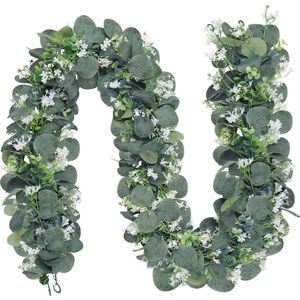 2 stuks slinger, eucalyptus, kunstslinger met witte bloemen, zilveren dollar, slinger, groene kunstplant, hangplant, tafelloper, eucalyptus voor achtergrond, bruiloft, decoratie