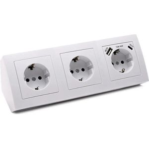 Hoekstopcontact Voor Opbouwmontage – 3-voudig Schuko + USB-A & USB-C – 15 cm Aansluitkabel Met Kroonklem – Voor Keuken, Kantoor Of Werkplaats – 250V~/16A – Wit
