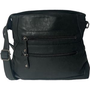 THL Design - Dames schoudertas - Crosbody Tas - Plat Model - Middelmaat - Veel Vakken - Vintage Look Zwart