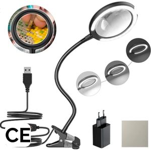Loeplamp - Bureaulamp - Loeplamp met LED Verlichting - Stabiele Voet & Tafelklem - Dimbaar - Flexibele Zwanenhals - Meerdere licht functies - Zwart