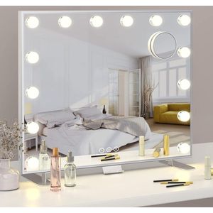 Verlichte Make-up Spiegel met USB Oplaadpoort en Telefoonhouder - Hollywood stijl - 14 LED Lampen - 3 Verstelbare Verlichtingsmodi - Wandspiegel (60 * 18 * 52.3CM)