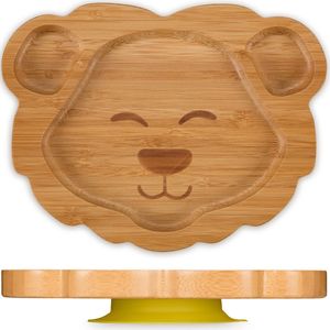 Relaxdays kinderbord met zuignap - leeuw - 3 vakjes - vakjesbord - babybord - bamboe bord