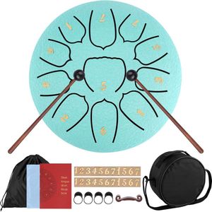 steel tongue drum, 15 cm, 11 tonen, handpan-trommel, slaginstrument, draagbaar, van koolstofstaal, met trommelstokken en draagzak