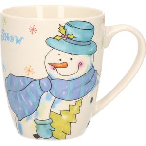 Kerstmok/wintermok sneeuwpop met blauwe muts en sjaal van poreselein 10 cm