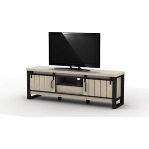 Twello TV meubel - 165 x 39 x 54 cm - 2 schuifdeuren, 1 lade, 1 open vak - Houtlook - Zwarte accenten