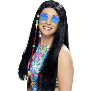 Dames Flower Power Hippie Sixties verkleed set zwarte pruik en ronde blauwe bril