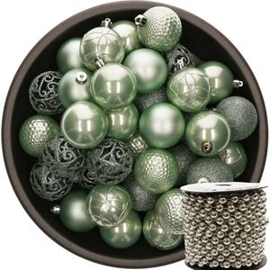 Decoris Kerstballen - 37x stuks - mintgroen - 6 cm - incl. kralenslinger zilver - kunststof