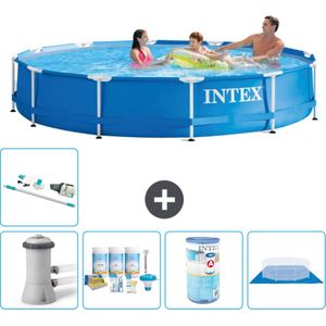 Intex Rond Frame Zwembad - 366 x 76 cm - Blauw - Inclusief Pomp Onderhoudspakket - Filter - Grondzeil - Stofzuiger