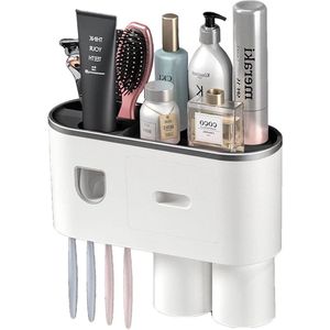 Wandhouder voor tandenborstel met automatische tandenpastadispenser - 2 kopjes en lade voor badkamer - opbergrek voor tandenborstels