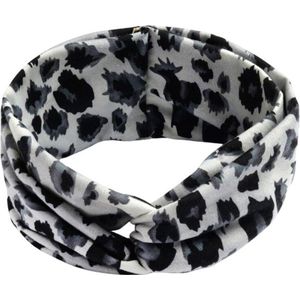 Haar - trendy haarband luipaardprint zwart-wit-grijs - elastische brede hoofdband - dames