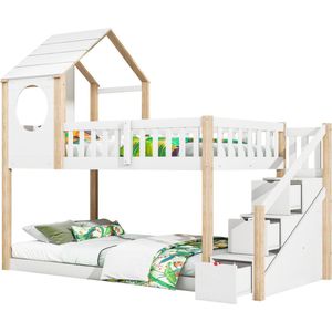 Merax Stapelbed voor Kinderen 90x200 cm - Houten Huisbed Hoogslaper met Uitvalbeveiliging en Opbergruimte- Kinderbed met Trap - Bed - Wit met Naturel Hout Bruin