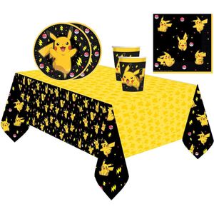 Pokemon themafeest drinkbekers/gebaksbordjes/servetten/tafelkleed - zwart/geel - karton