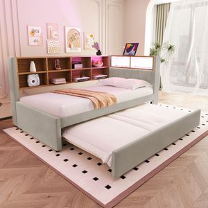 Sweiko Slaapbank - 90*200cm - met Uittrekbaar bed - LED verlichting + oplaadpoort + opbergvak - Flanel - Lichtgrijs