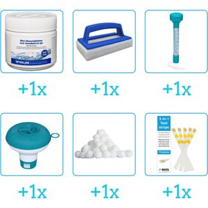 Zwembad Onderhoudsset - Startersset bevat Chloor - Scrubborstel - Thermometer en Chloordrijver - Filterbollen - Testrips - Interline Onderhoud Starterspakket - Voor zwembaden en Spa's - Voor kleinere zwembaden tot 2500 liter (6-delig)