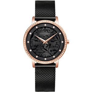 HANNAH MARTIN horloge met kristal diamantjes, zwarte stalen polsband, zwarte wijzerplaat, gouden horlogekast en gouden wijzers voor dames met stijl ( model 1073 H-WFH )