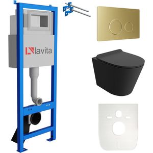 LAVITA® Inbouwreservoir Complete Toiletset LAV 101 - Inbouw WC Hangtoilet Wandcloset GALVE BLACK Zwart Mat - Bedieningsplaat 200.4.5 Gouden - Voorwandelement voor toilet 40cm - Installatiesysteem
