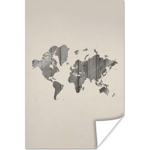 Wanddecoratie - Wereldkaart - Houten plank - Grijs - 40x60 cm - Poster