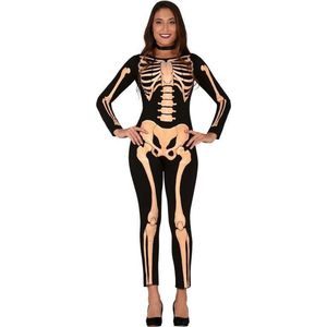 Halloween - Zwart/oranje skelet verkleed kostuum voor dames - Geraamte/botten print - Halloween/horror verkleedkleding M/L
