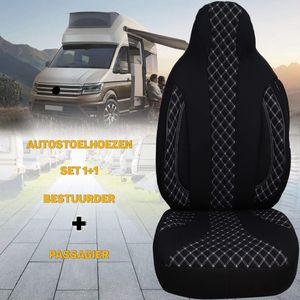 Stoelhoezen voor Fiat Doblo caravan / camper in pasvorm, set van 2 stuks - bestuurder 1 + 1 passagierszijde - WPL - serie - WPL708 - Zwart/witte naad