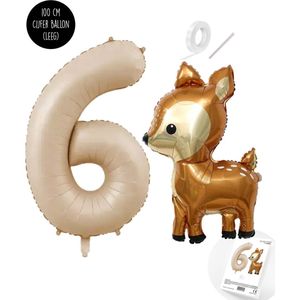 Snoes - Bambi Basis ballon set XXL Cijferballon Zand Beige 6 - Lief Hert + Cijfer Ballon 6 Jaar - Helium Geschikt