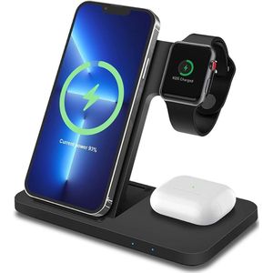 3-in-1 Draadloos Oplaadstation - Geschikt voor iPhone, Apple Watch & AirPods - 18W Snellader Dock - Zwart