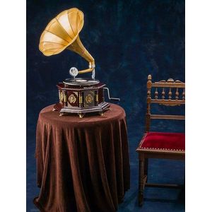 Grammofoon - Platenspeler - Antiek - rond - goudkleurig - 65cm hoog Werkt Echt