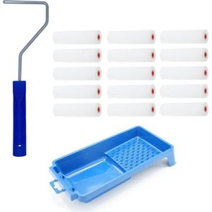 15x verfrollers / schuimrollers fijn inclusief rollerbeugel en verfbakje - 10 cm - geschikt voor diverse soorten verf - schilderbenodigdheden