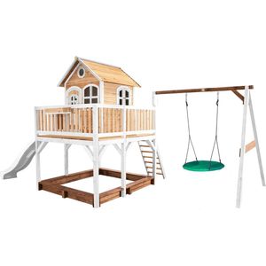AXI Liam Speelhuis in Bruin/Wit - Met Verdieping, Zandbak, Summer Nestschommel en Witte Glijbaan - Speelhuisje voor de tuin / buiten - FSC hout - Speeltoestel voor kinderen