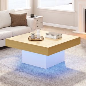 Sweiko Salontafel - LED verlichting - Vierkante bijzettafel - Natuurlijk + Wit