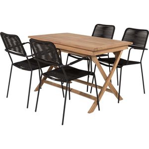 Kenya tuinmeubelset tafel 70x120cm naturel, 4 stoelen Lindos zwart.