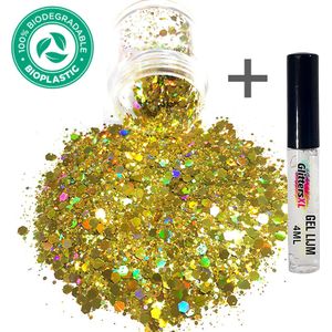 Biologisch Afbreekbaar Chunky Glitters (Goud) + Glitter Huid Lijm 4ML [Volume 8g - Biodegradable Festival Jewels Glitter Outfit Lichaam en Gezicht - Make-up Face Body - Kinderen Volwassenen Dames - Eco Friendly]